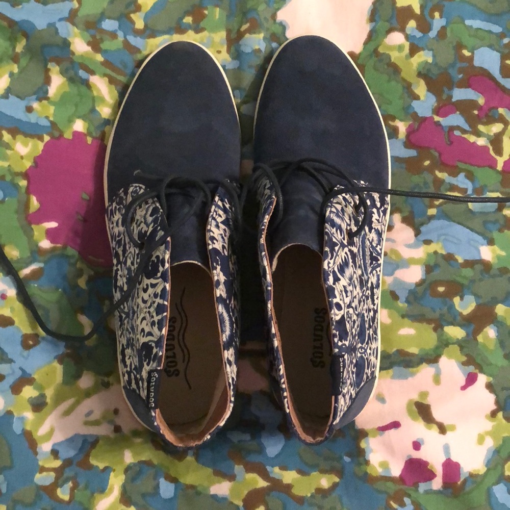 Lightly worn, patterned Soludos shoes